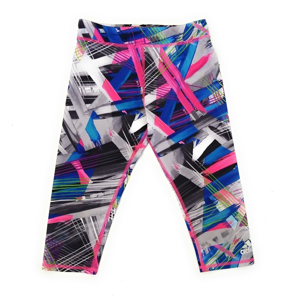 ADIDAS NWOT Youth‎ Girls Multicolored Abstract Crop Capri Leggings Size S 8/10